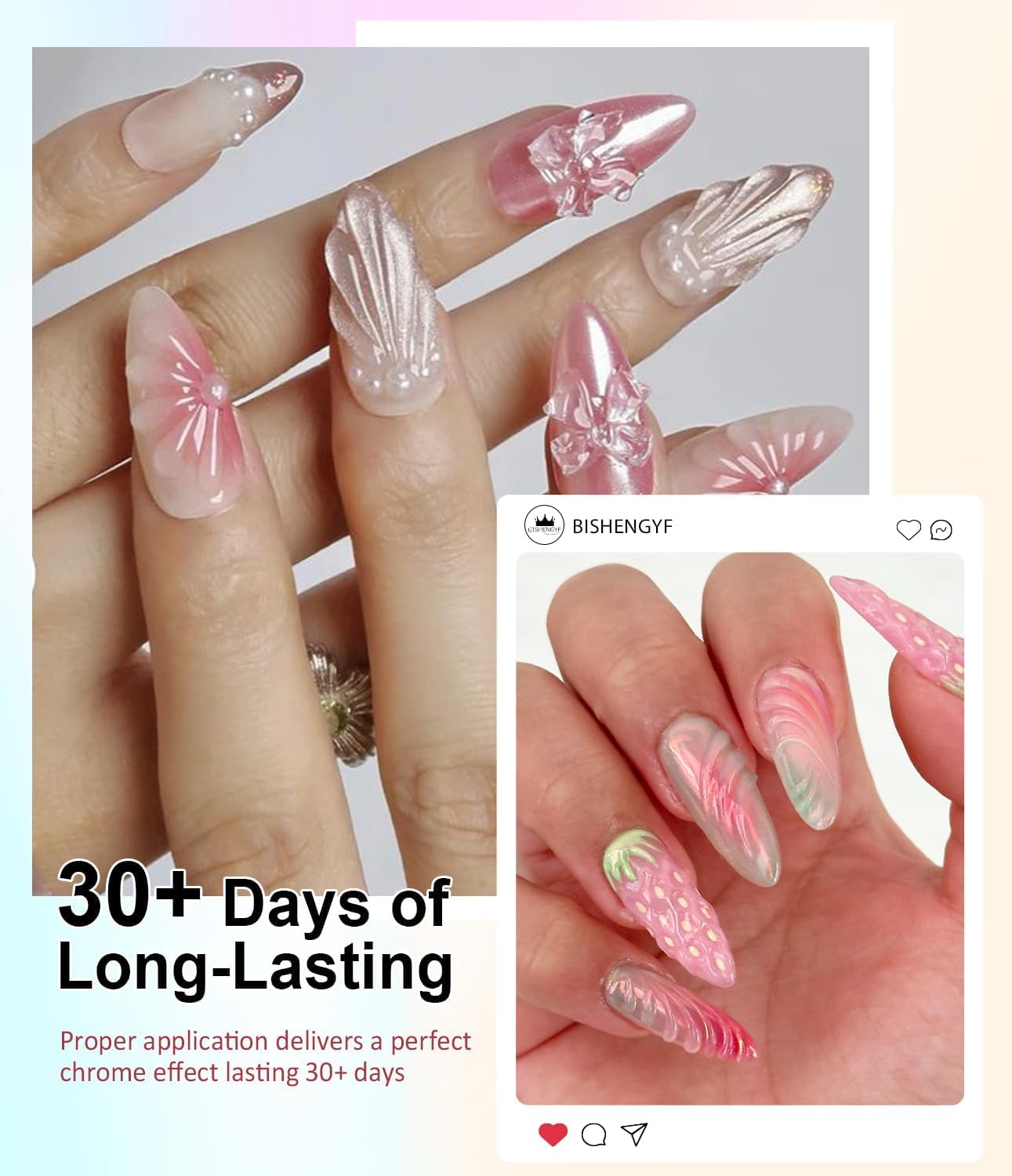 Gold and white chrome nail powder pots included in Bishengyf kit