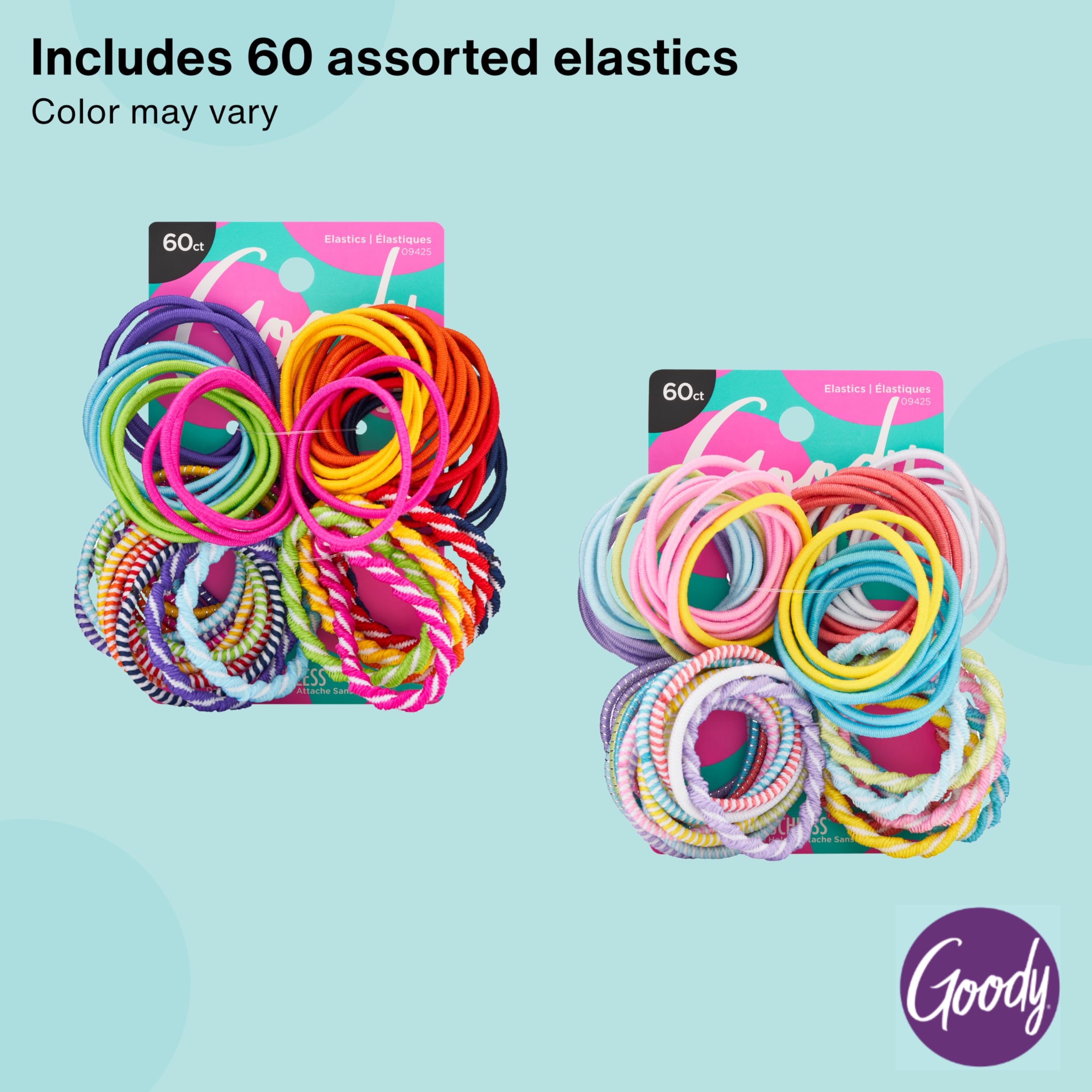 Back of packaging info for Goody Kids Ouchless sixty count hair ties showing material details and gentle hold benefits.