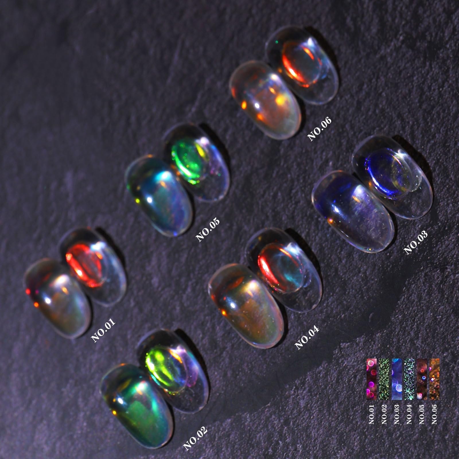 Close up of iridescent nail powder texture and holographic pigment