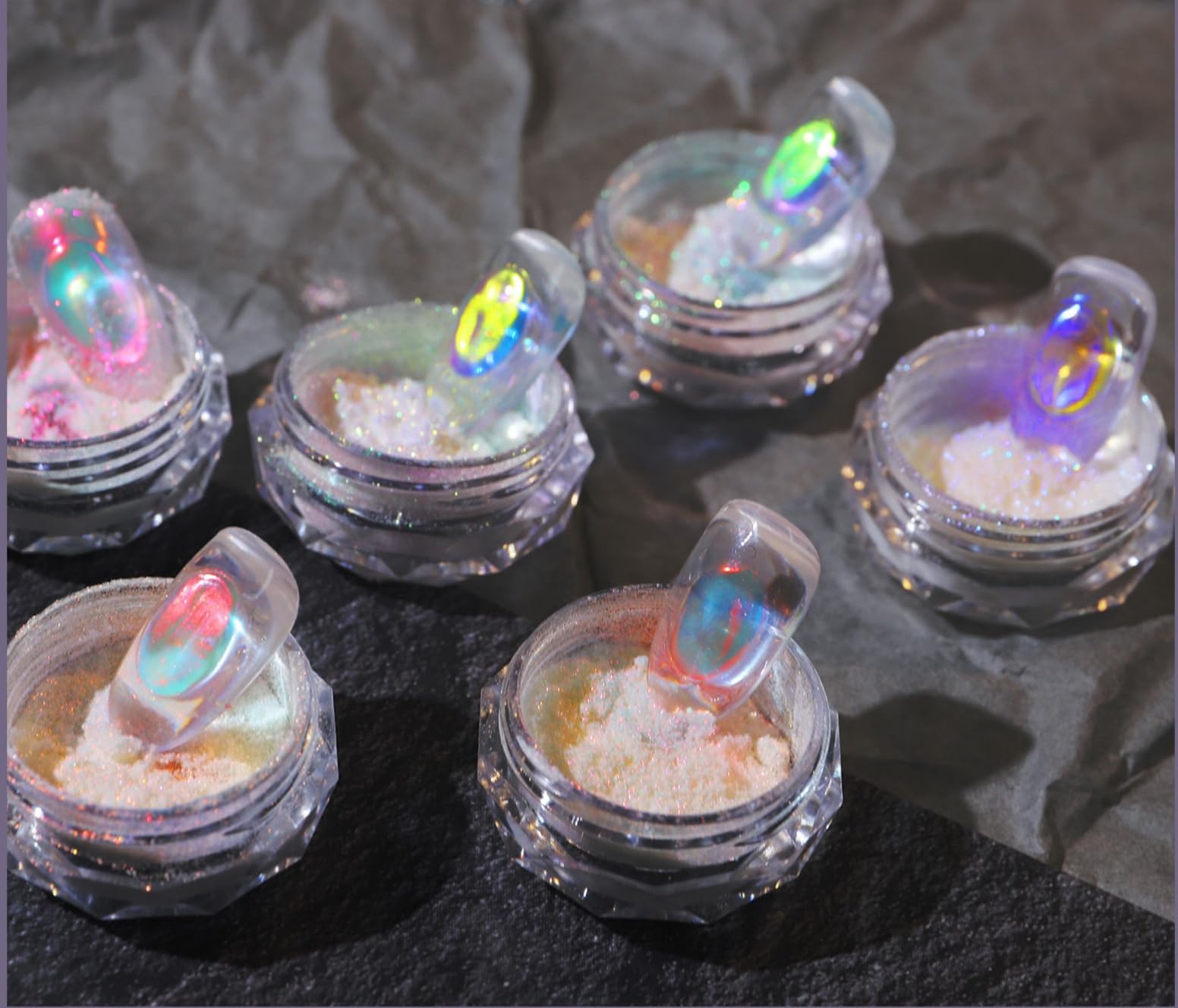 Six jars of neon rainbow chameleon nail art glitter powder