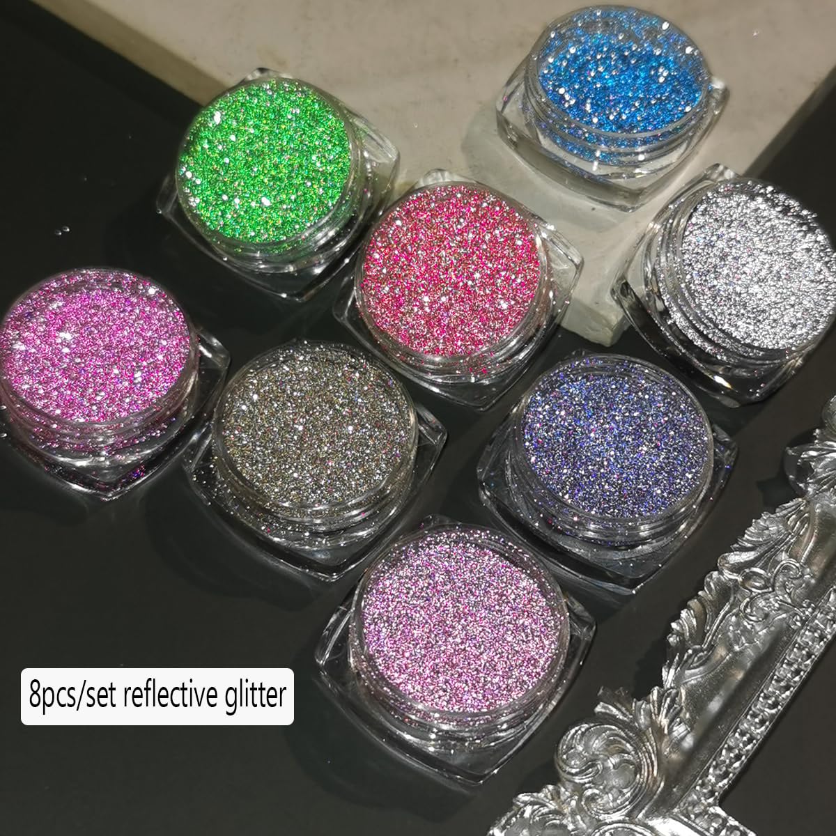 Close up of diamond sparkle nail glitter dust textures
