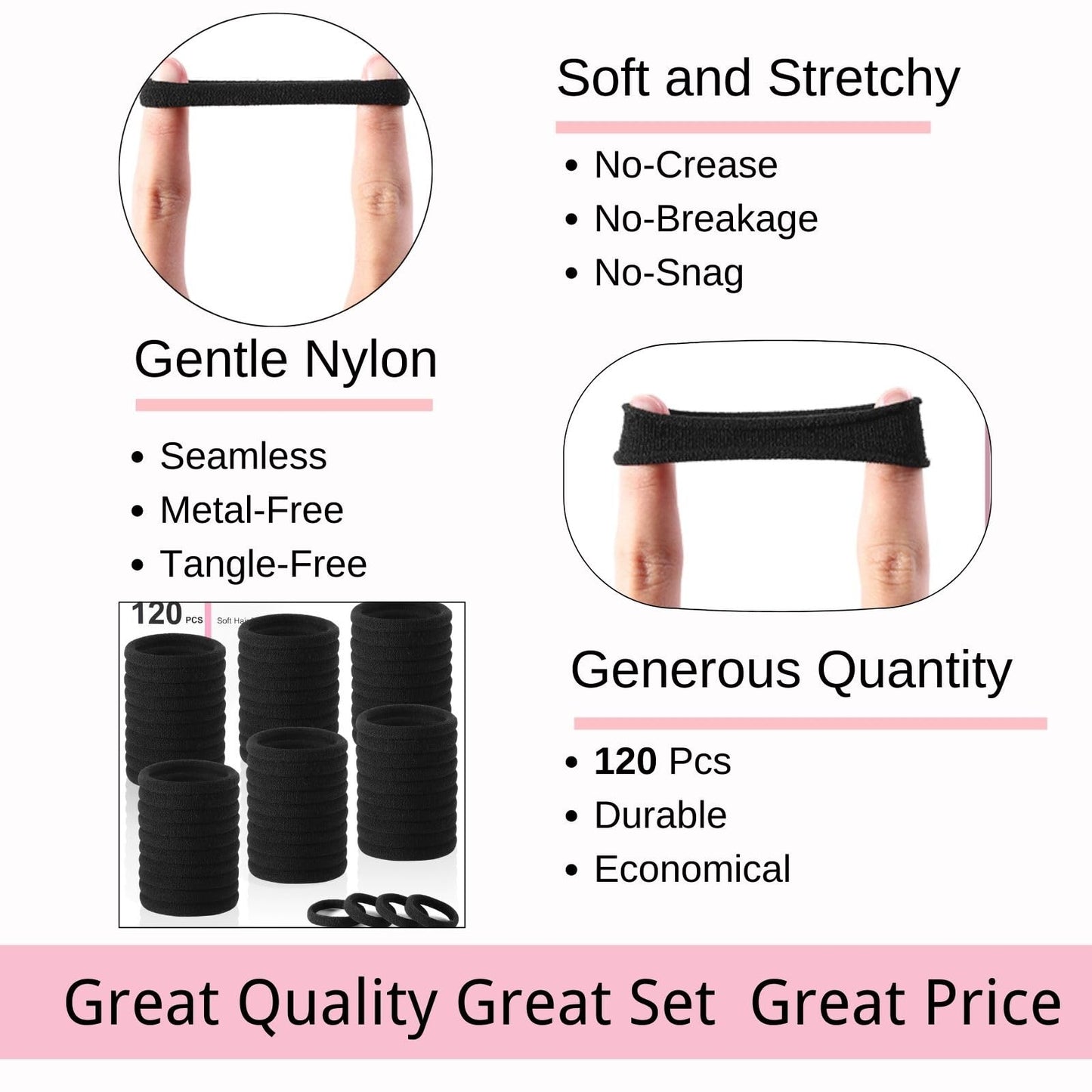 LuSeren matte black hair bands stretched out to demonstrate strong elasticity and durability.