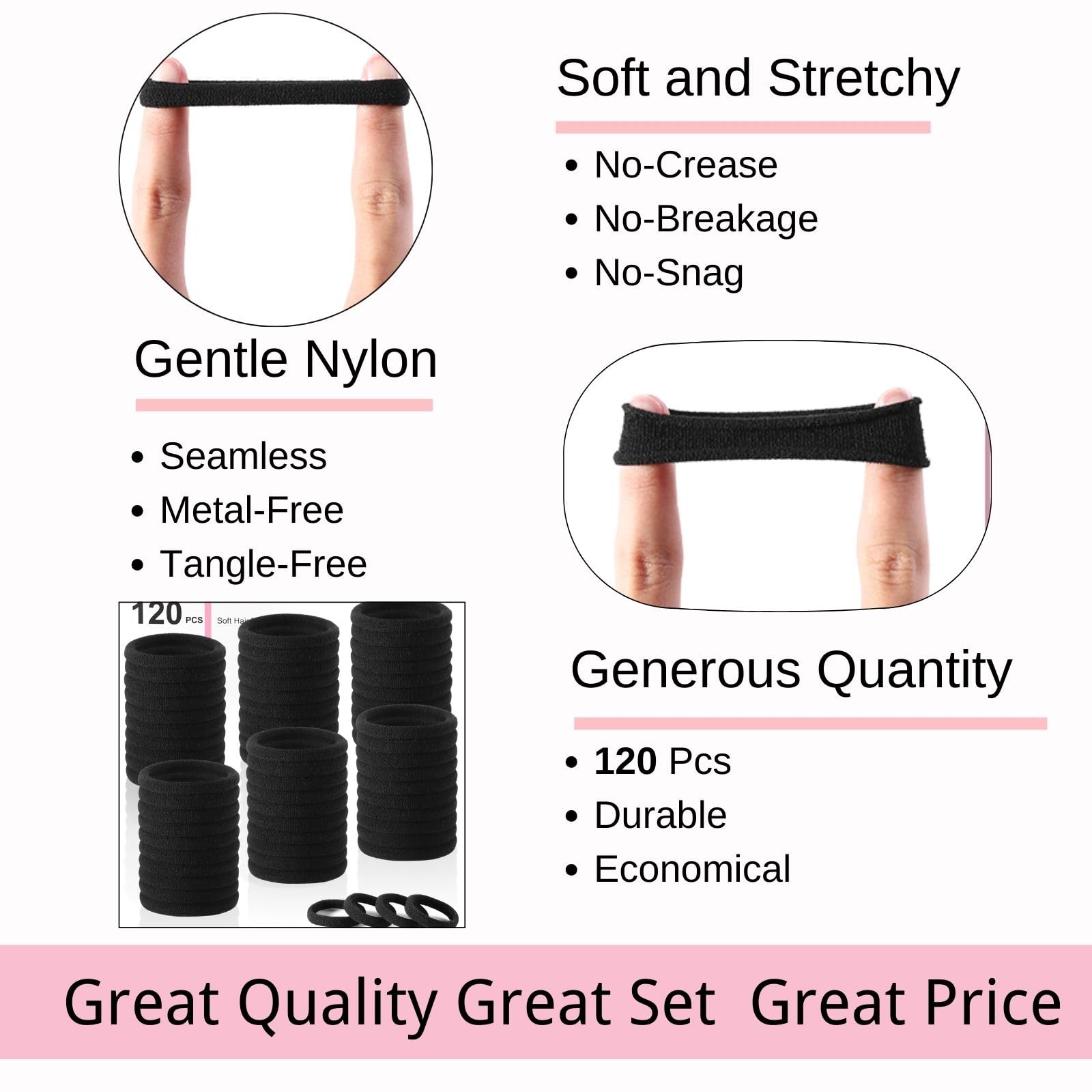 LuSeren matte black hair bands stretched out to demonstrate strong elasticity and durability.