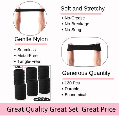 LuSeren matte black hair bands stretched out to demonstrate strong elasticity and durability.