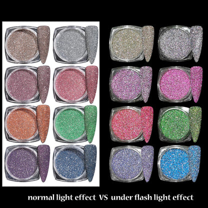 Application of shiny sugar nail powder on manicured nails