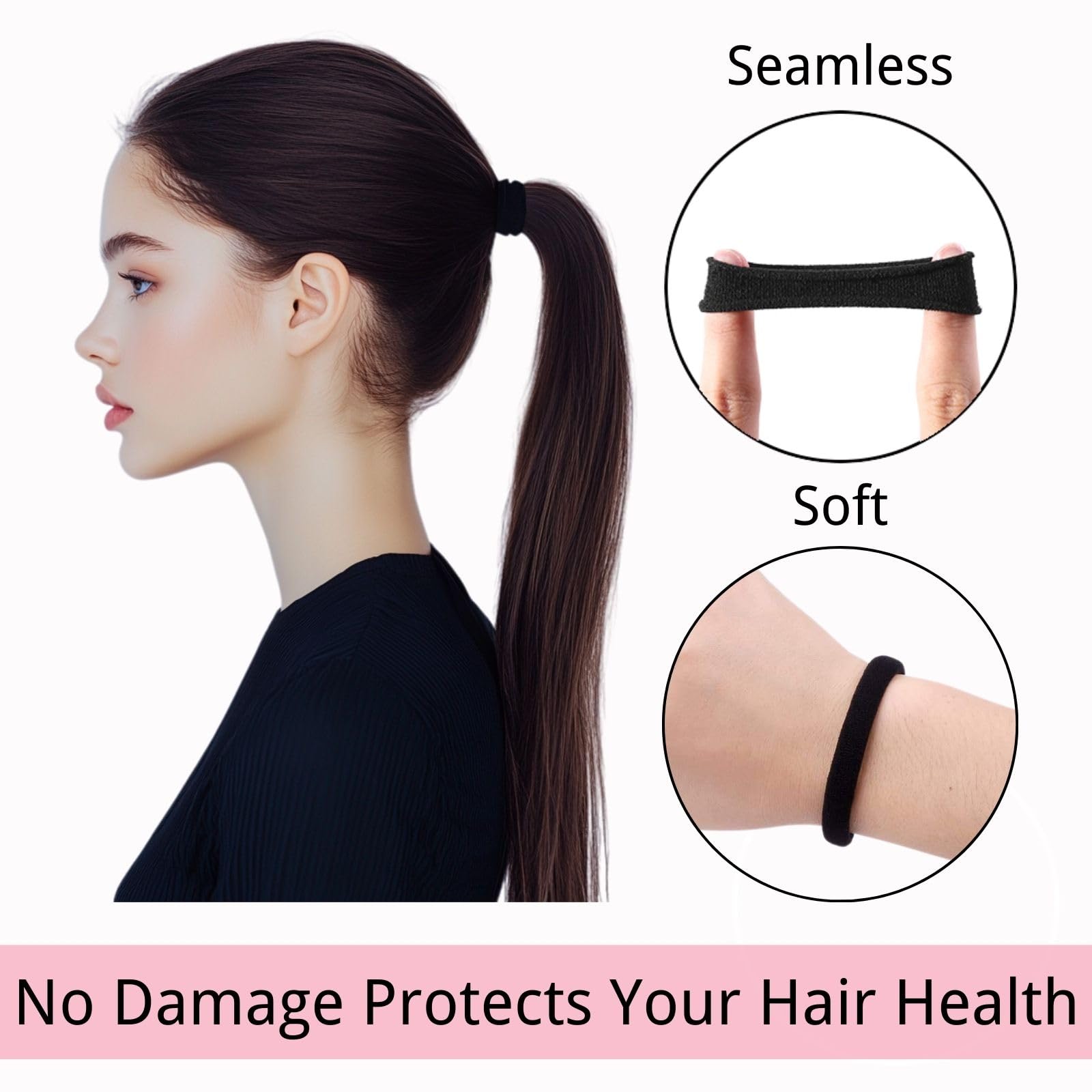 One hundred and twenty count pack of LuSeren seamless hair elastics spread out on surface.