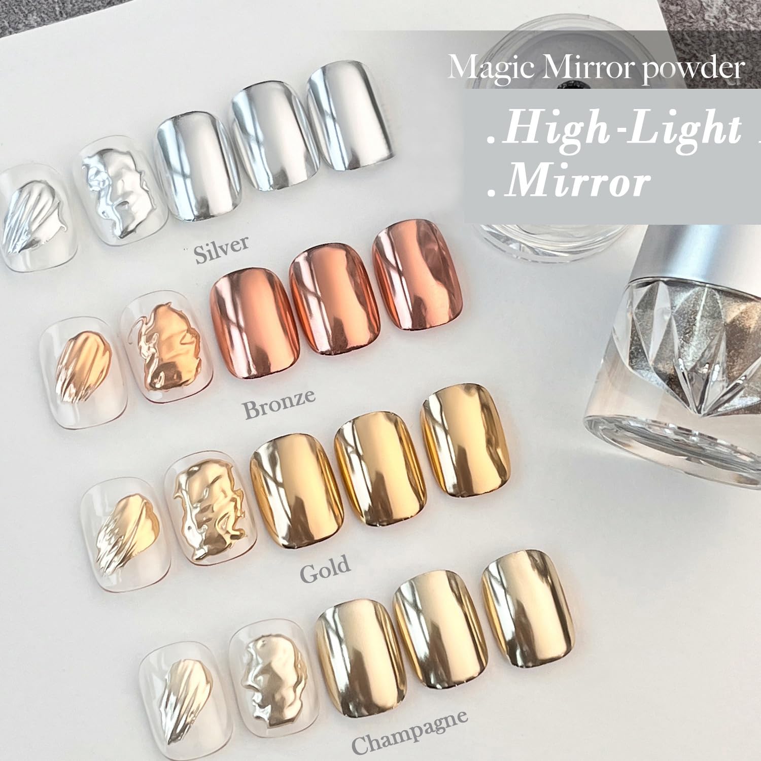 Close up of metallic mirror effect on nails using Pretty Diva powder