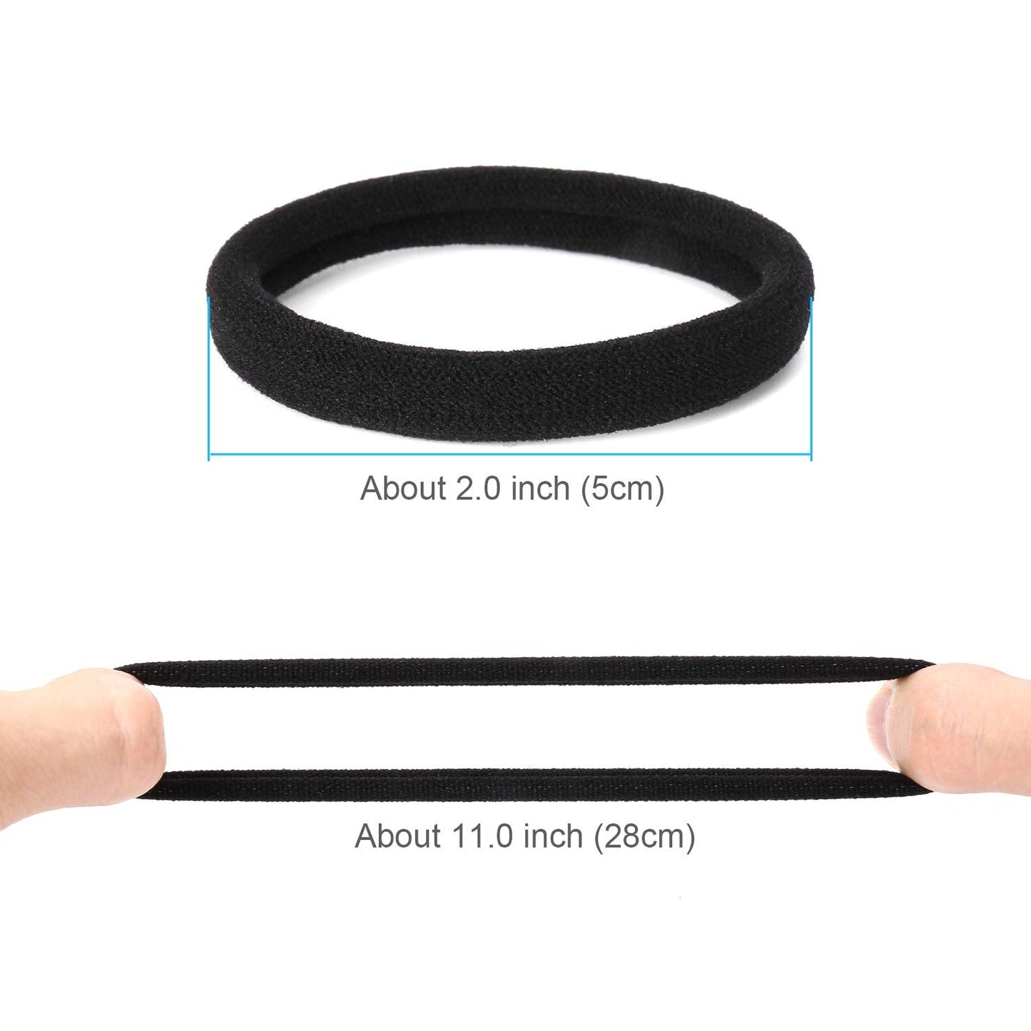 Close up view showing the thick elastic stretch of seamless ponytail holders