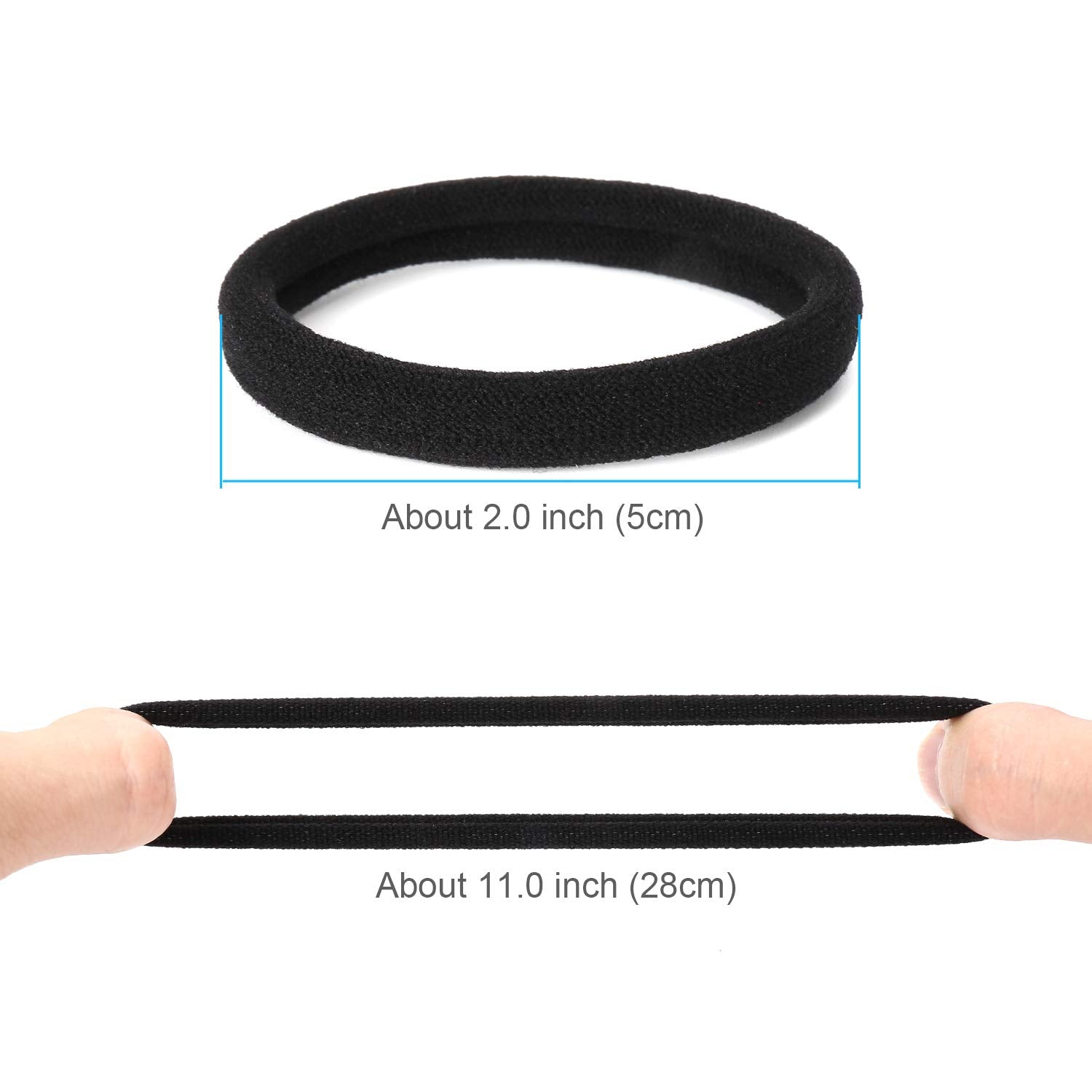 Close up view showing the thick elastic stretch of seamless ponytail holders