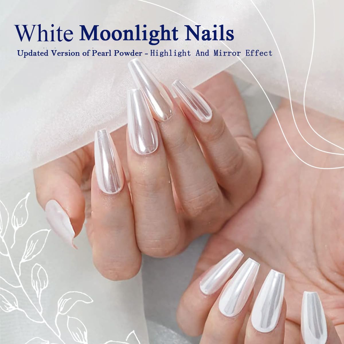 White moonlight chrome nails showing mirror effect