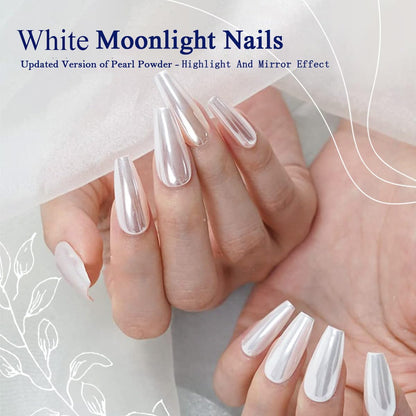 White moonlight chrome nails showing mirror effect