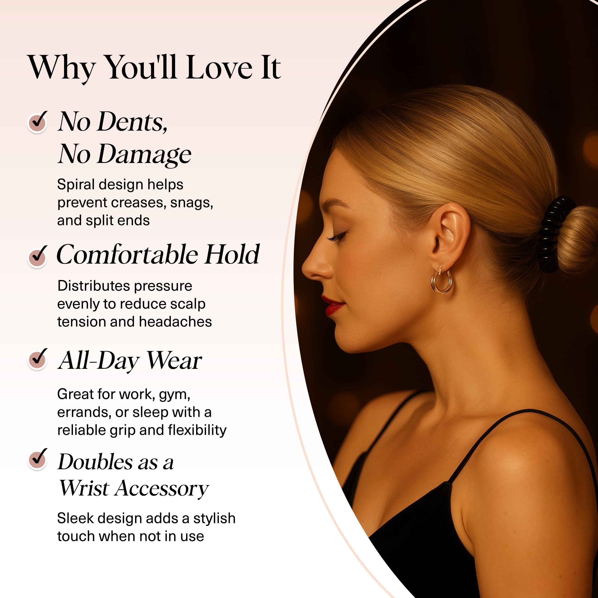 Creaseless plastic hair coils worn as a stylish wrist bracelet accessory.