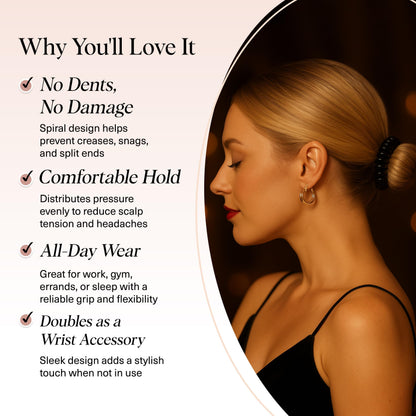 Creaseless plastic hair coils worn as a stylish wrist bracelet accessory.