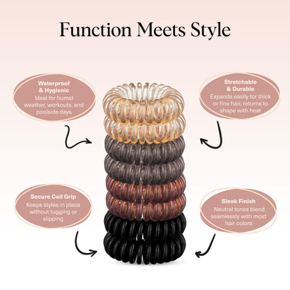 No damage spiral ponytail holders being used on thick dark hair.