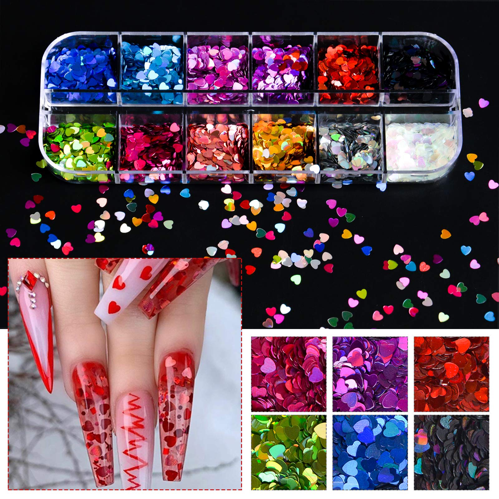Close up of Ebanku holographic heart nail flakes in containers