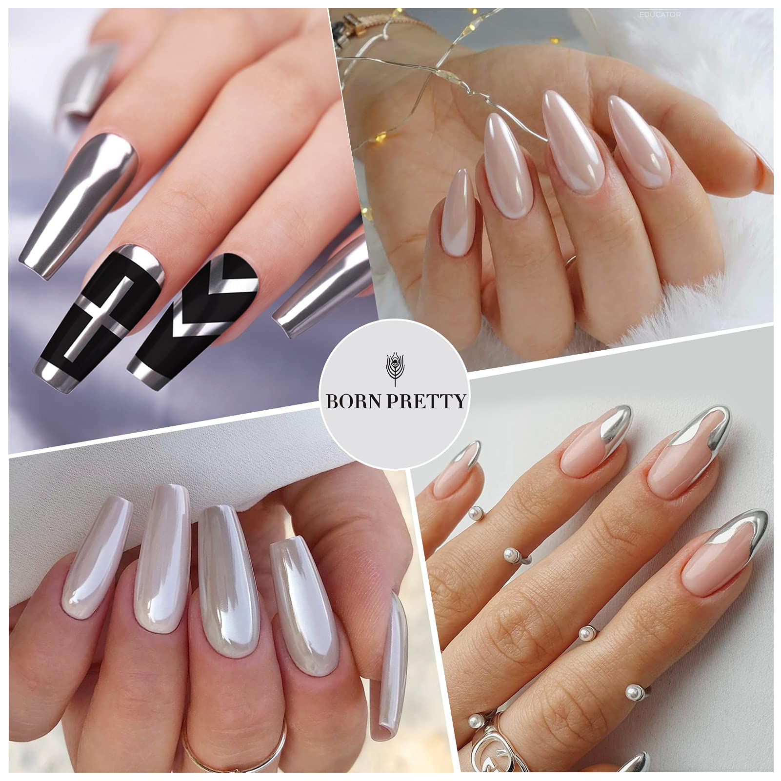 Nail art swatch showing mirror metallic effect of Born Pretty powder
