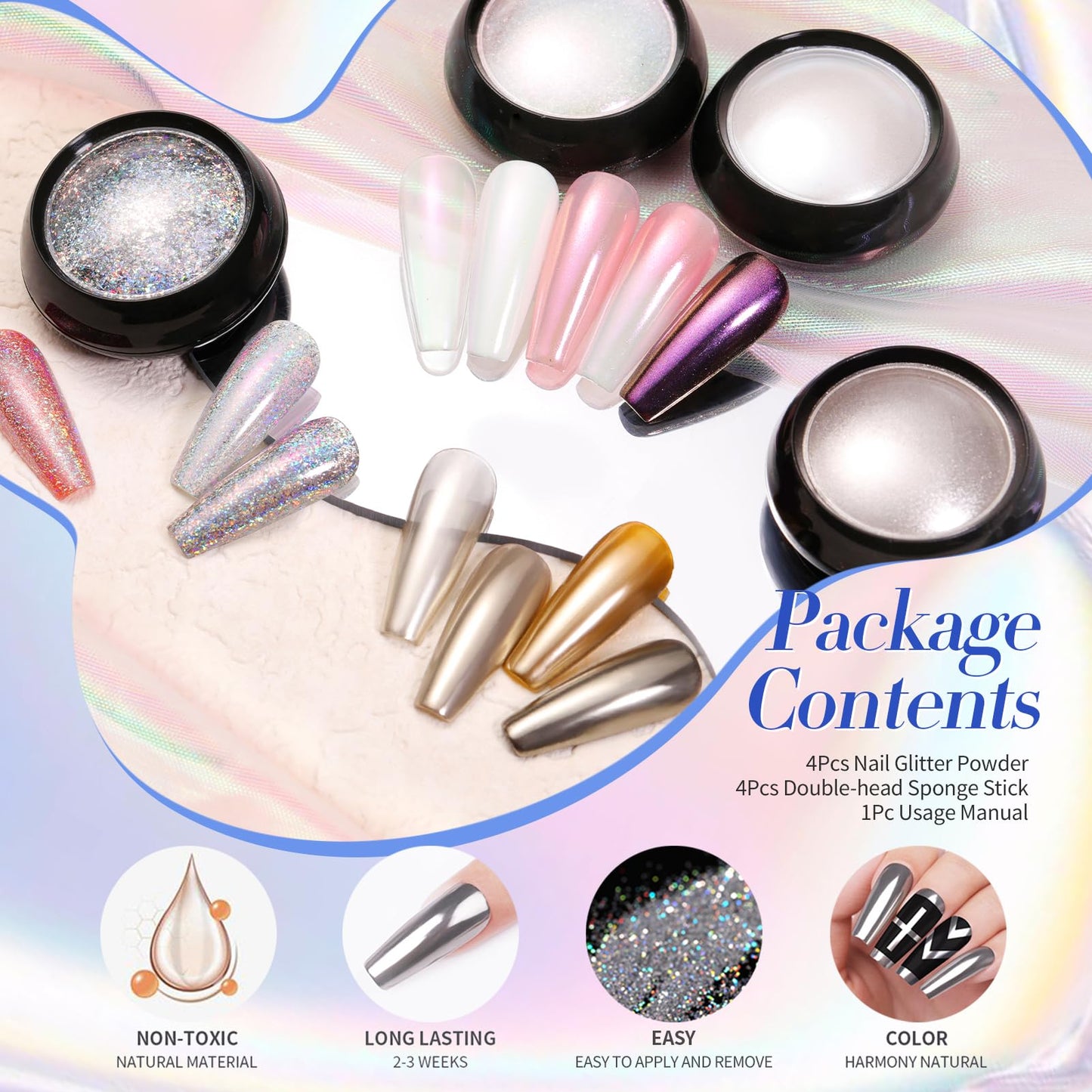 Sponge sticks and Born Pretty chrome pigment powder kit