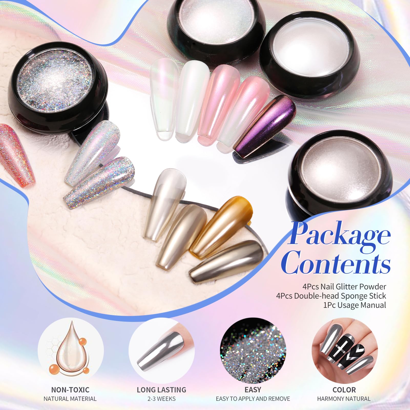 Sponge sticks and Born Pretty chrome pigment powder kit