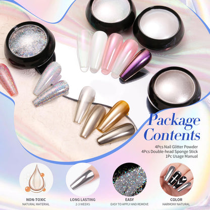 Sponge sticks and Born Pretty chrome pigment powder kit