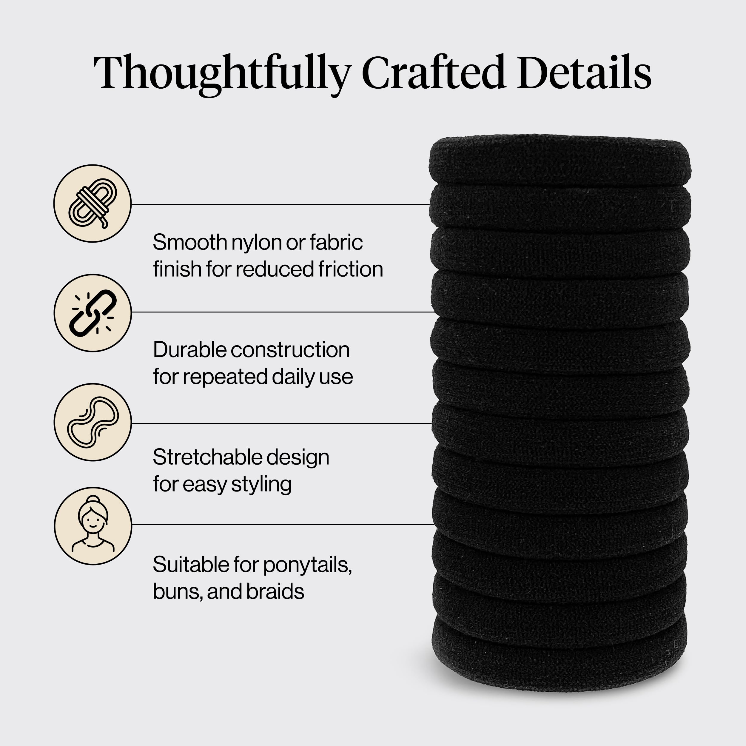 Eco friendly recycled nylon hair ties displayed on a clean background