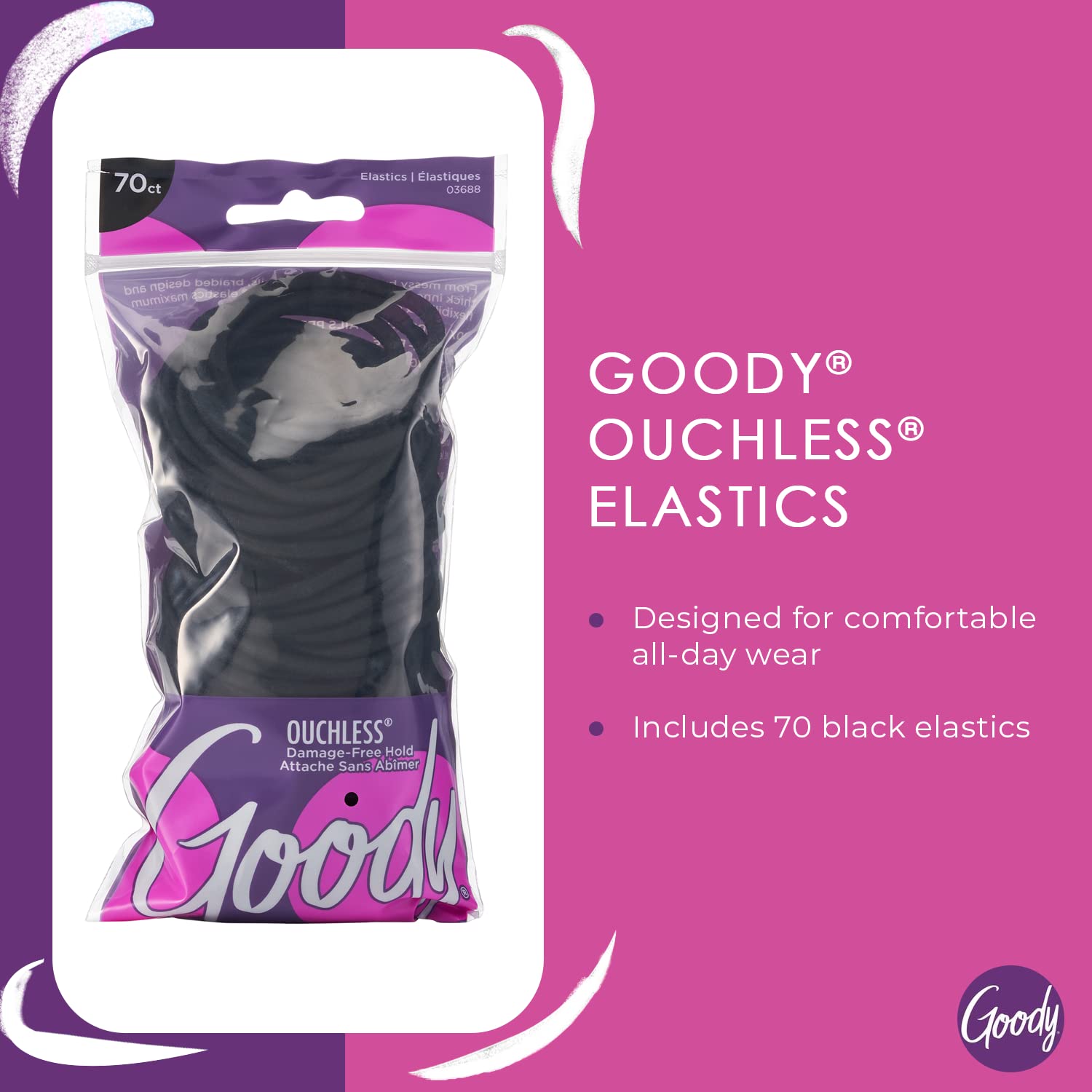 Goody damage-free hair ties packaging detailing the reinforced inner core.