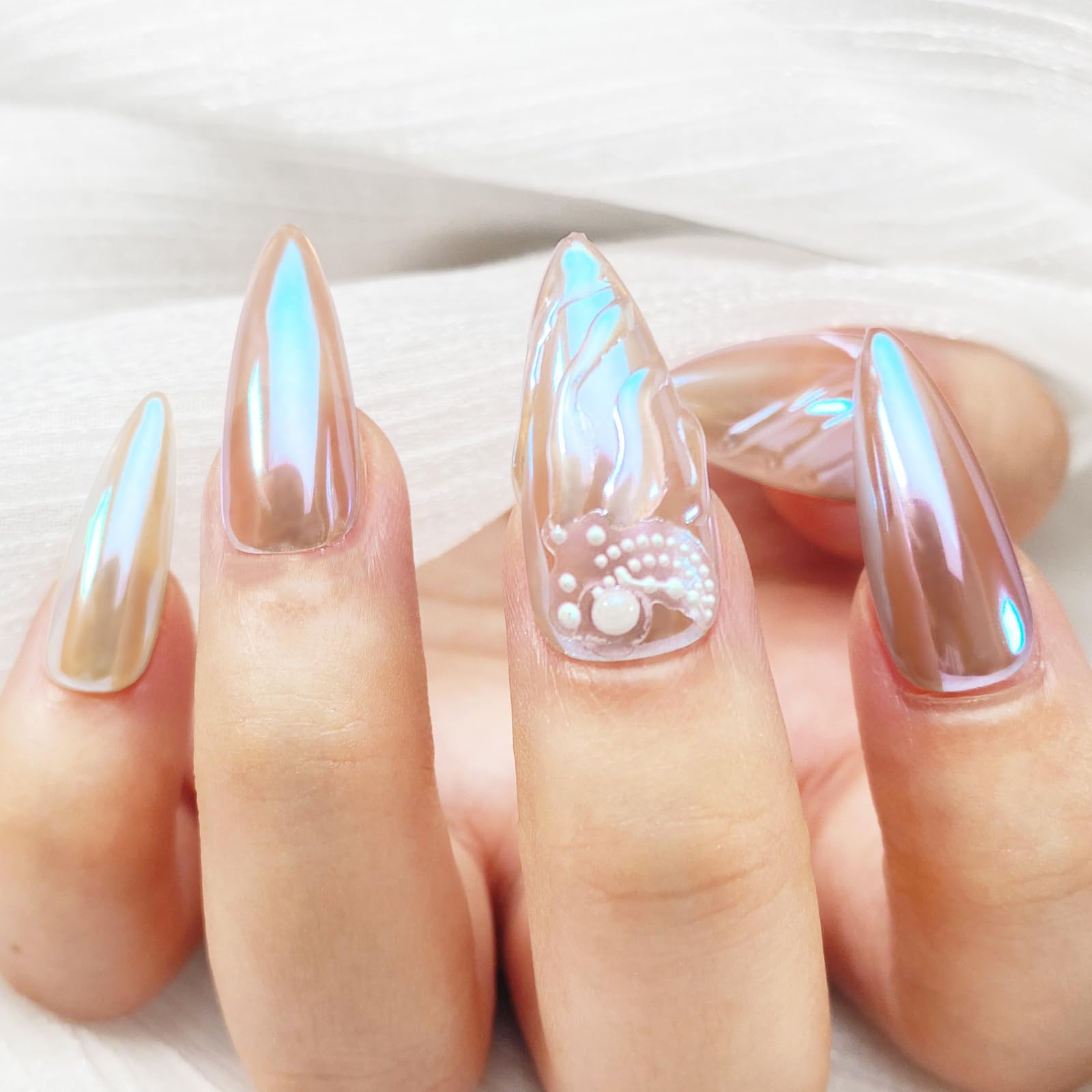 Close up of aurora mermaid chrome powder texture