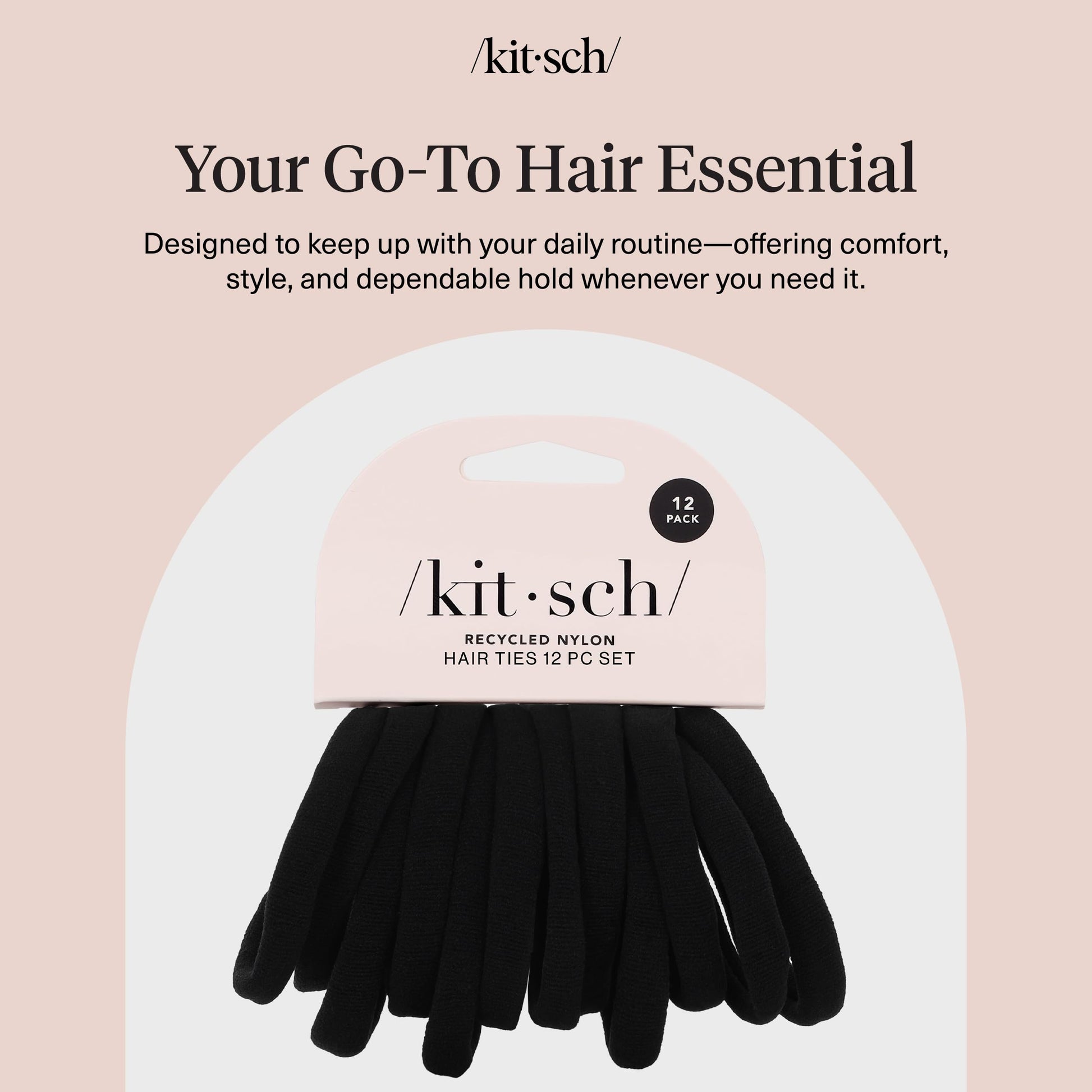 Twelve pieces of Kitsch premium black hair elastics laid out evenly