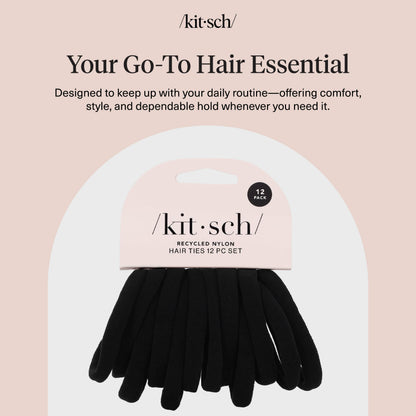Twelve pieces of Kitsch premium black hair elastics laid out evenly