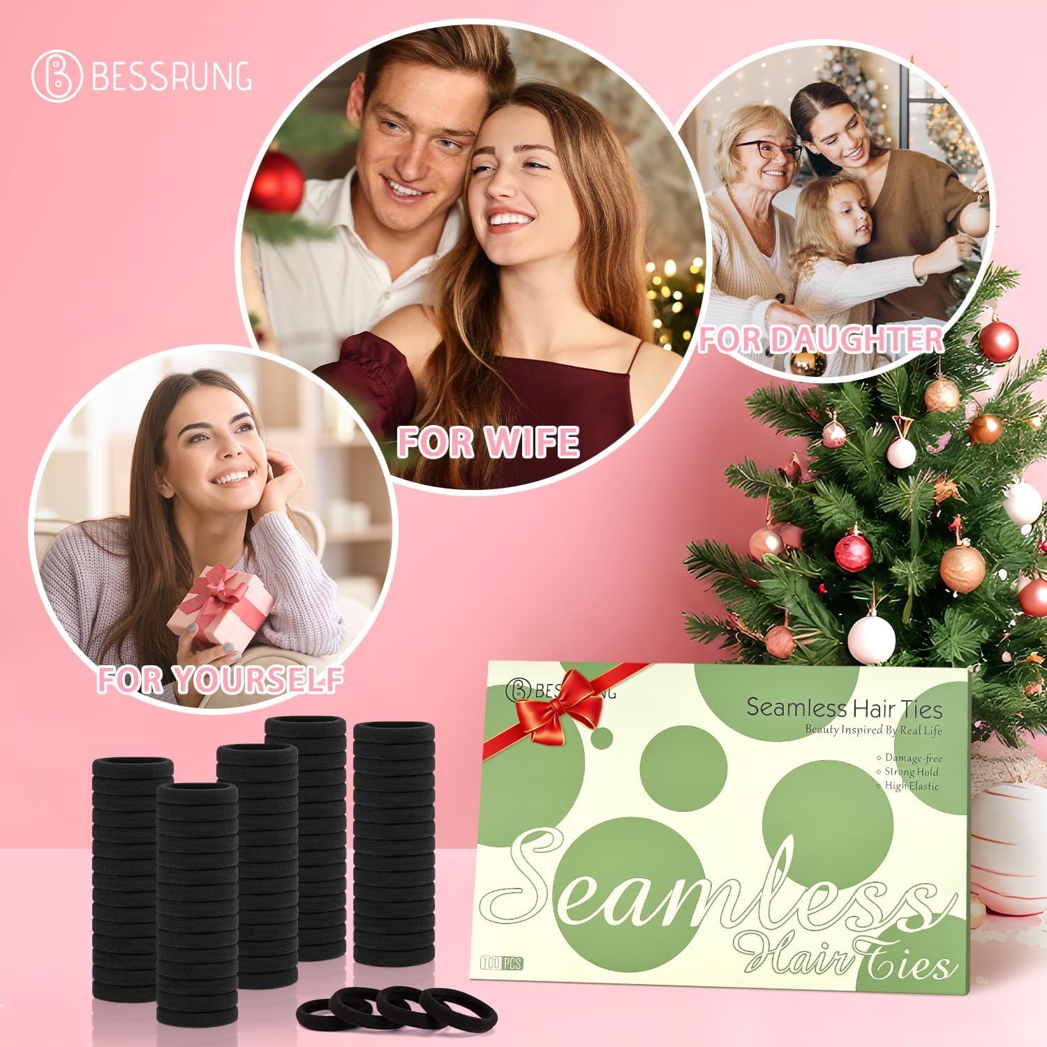 Bessrung no damage black ponytail holders arranged neatly in a group