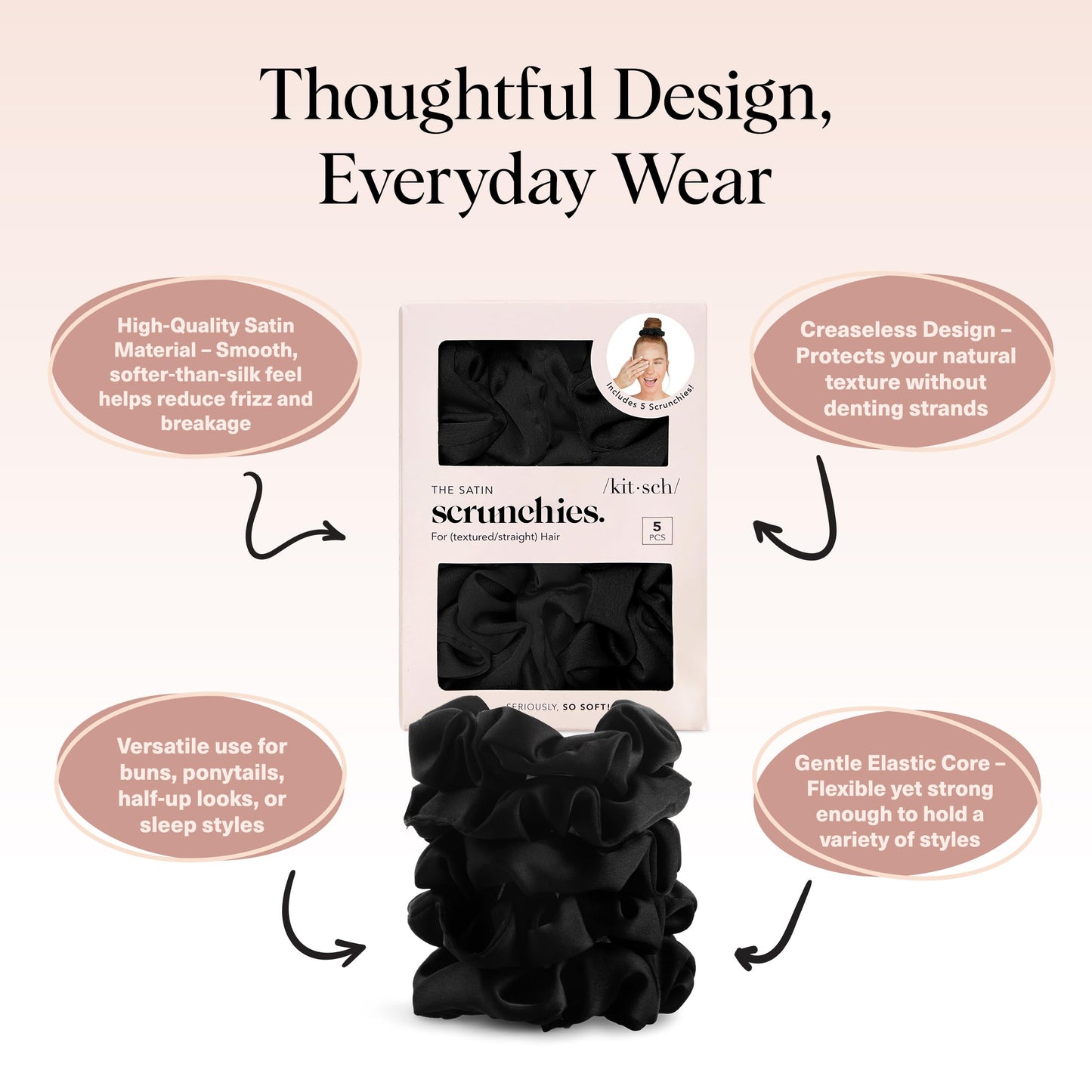 Gentle satin hair accessories from Kitsch designed to prevent breakage