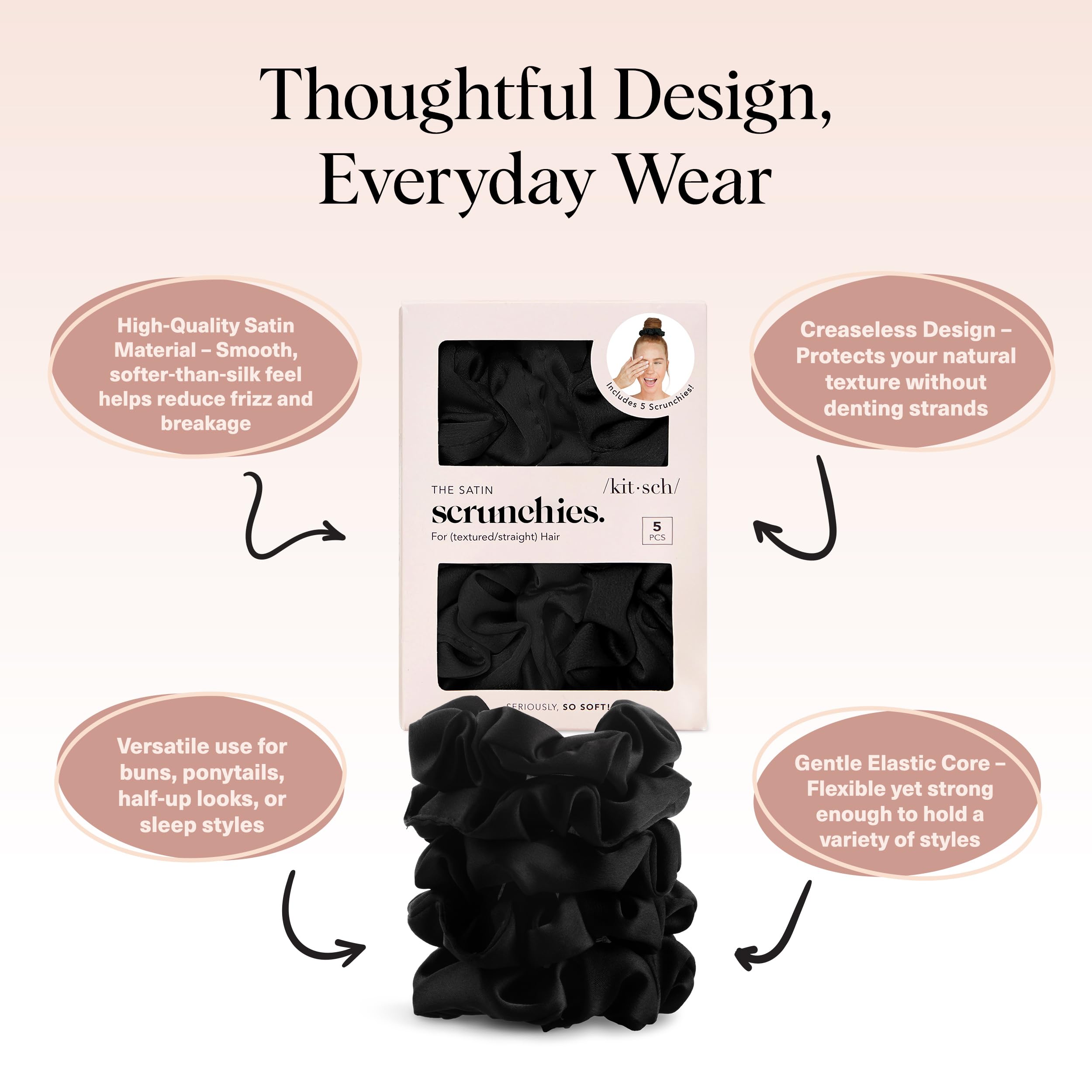 Gentle satin hair accessories from Kitsch designed to prevent breakage