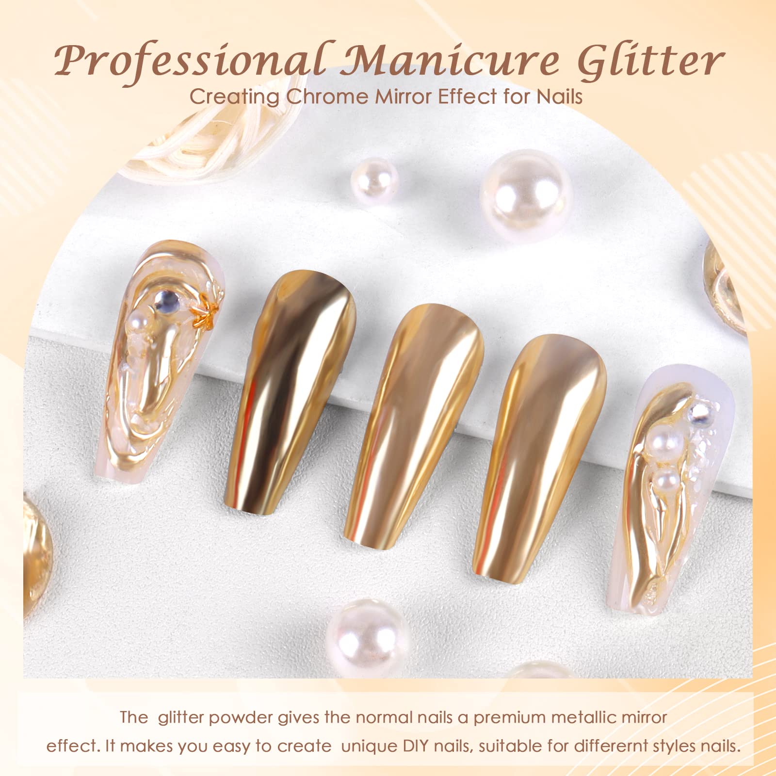 Close up of gold mirror effect pigment on nails