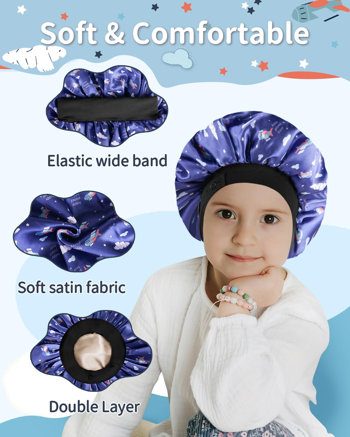 Double layer soft silk satin inner lining of kids sleeping cap