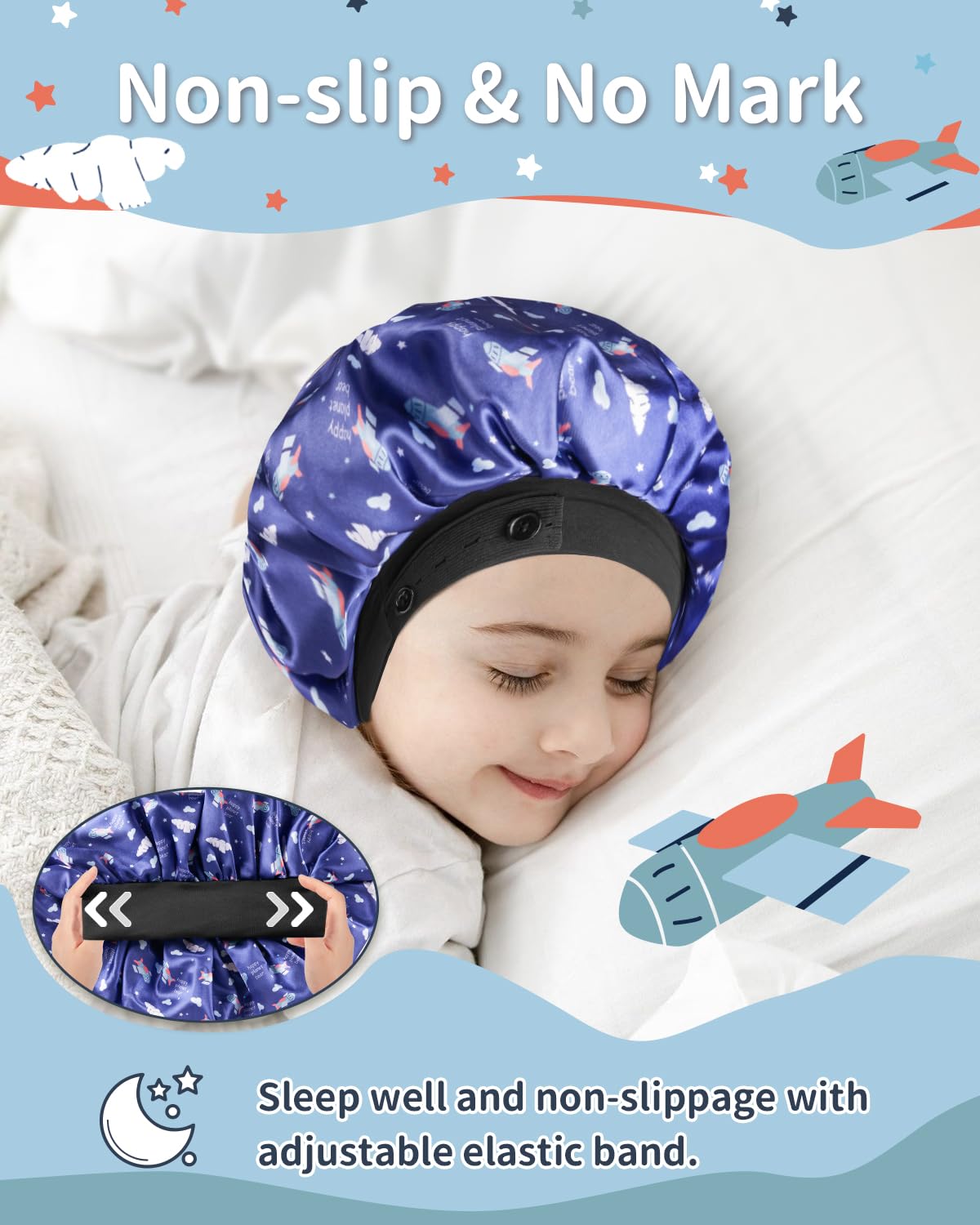 Adjustable wide elastic band close up on toddler night hat