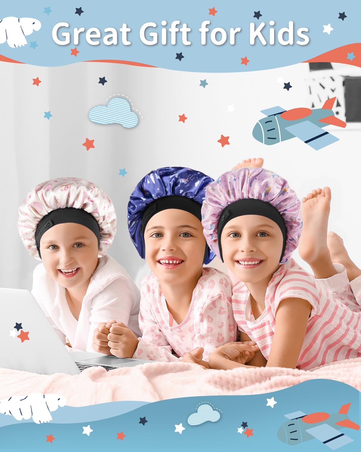 Breathable baby satin sleep cap packaging and dimensions view