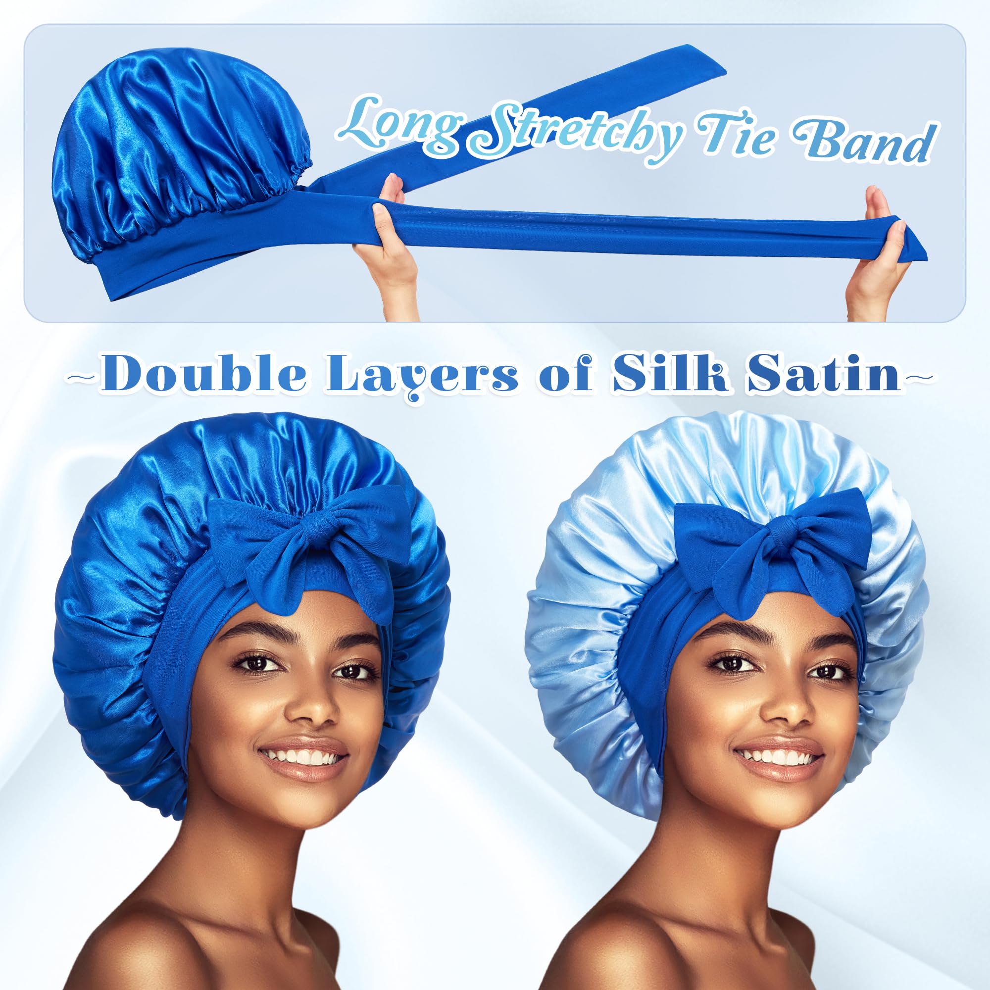 Close up details of the wide stretchy adjustable tie band on Vidsel hair bonnet
