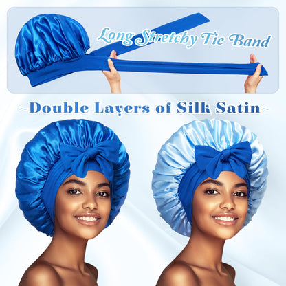 Close up details of the wide stretchy adjustable tie band on Vidsel hair bonnet