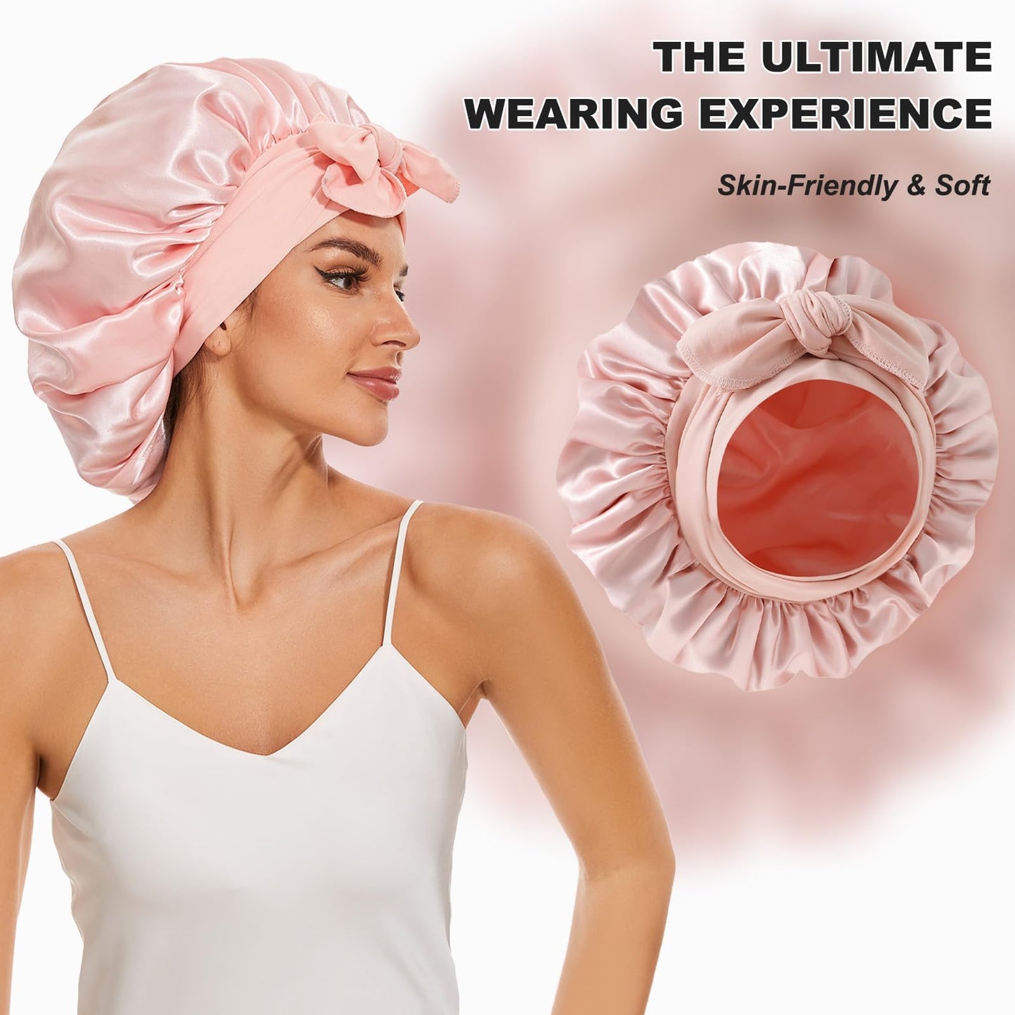 Double layer silk bonnet with long adjustable tie band displayed open