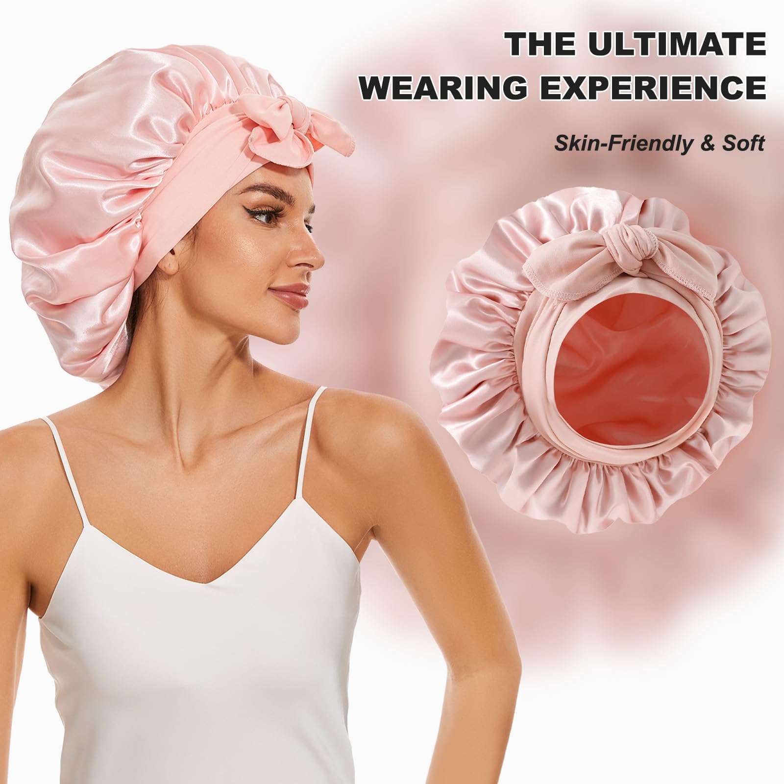 Double layer silk bonnet with long adjustable tie band displayed open