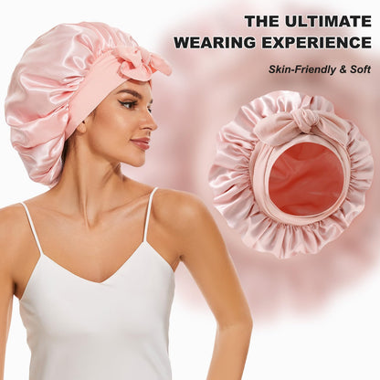 Double layer silk bonnet with long adjustable tie band displayed open