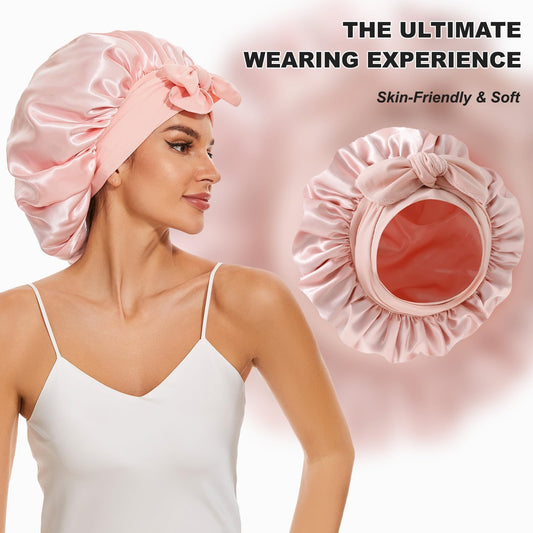Double layer silk bonnet with long adjustable tie band displayed open