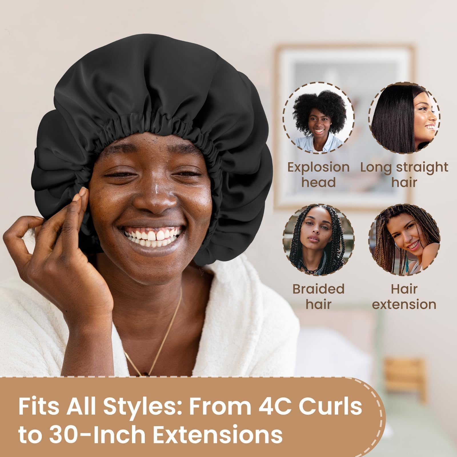 Back view of the Hat Hut large black hair bonnet demonstrating secure fit on thick hair