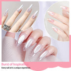 Application demonstration of white pearl chrome powder on artificial nails