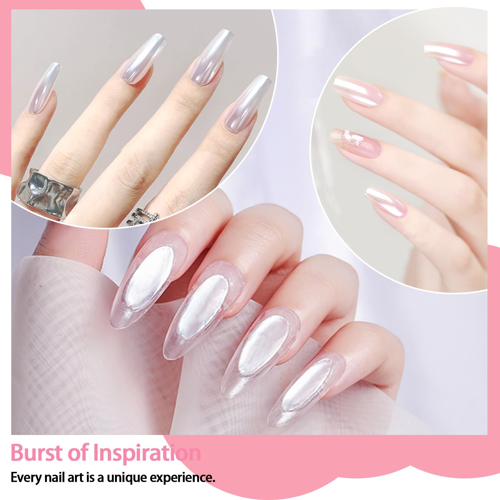 Metallic mirror finish nails created with chrome powder