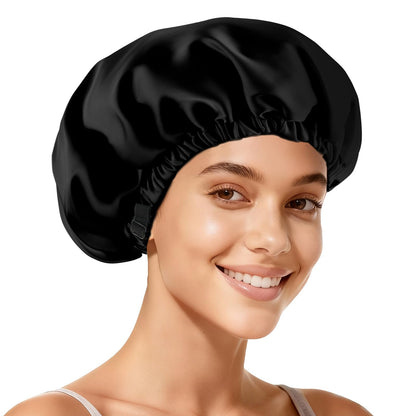 Side profile of Hat Hut double layer satin bonnet for curly and braided hair protection