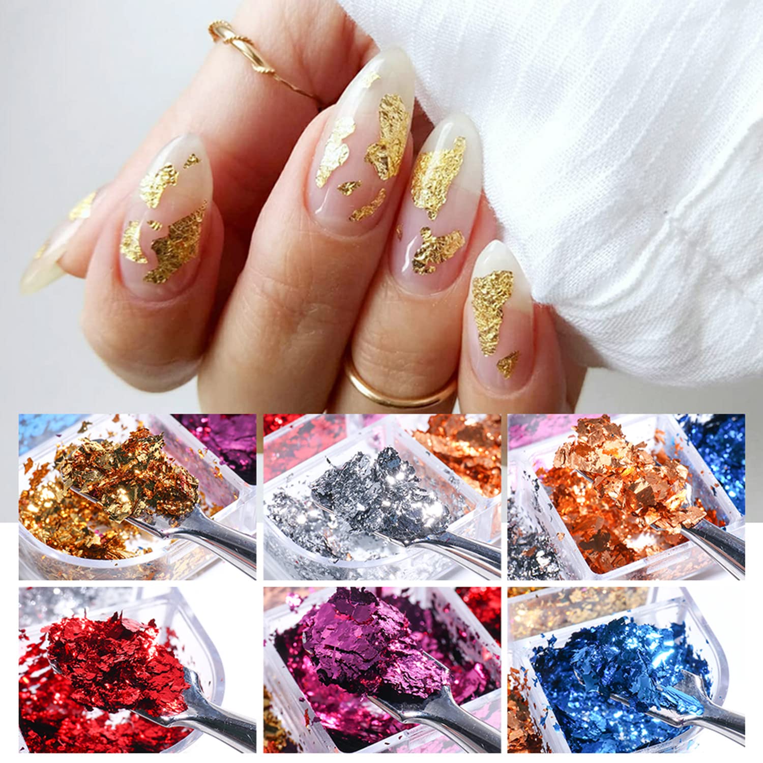 Open box showing 12 grids of laser nail sequins for manicure