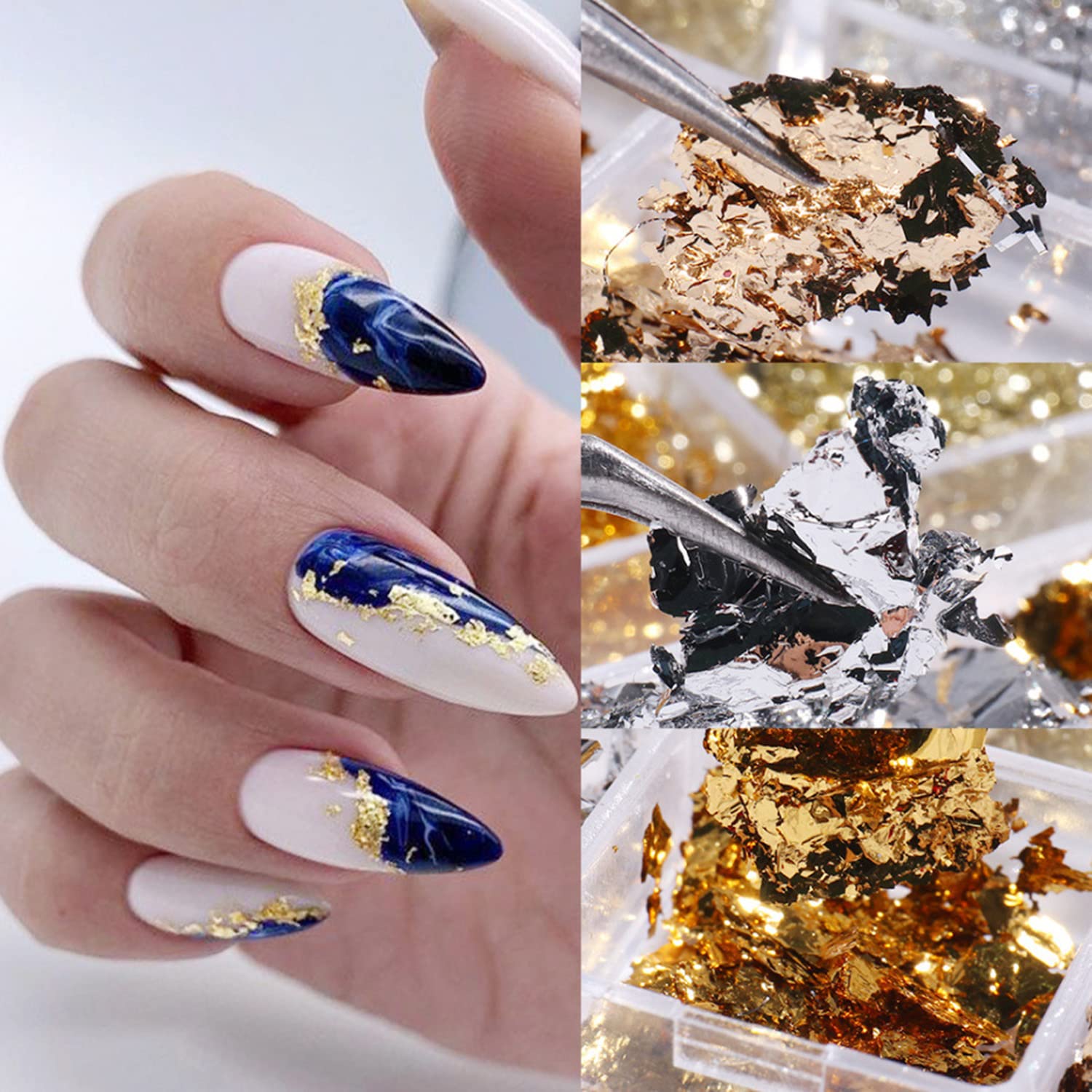 Model wearing holographic nail art with Vezocim foil flakes