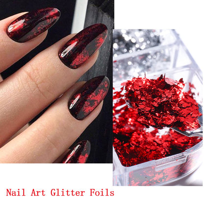 Top down view of colorful nail art glitter palette for DIY