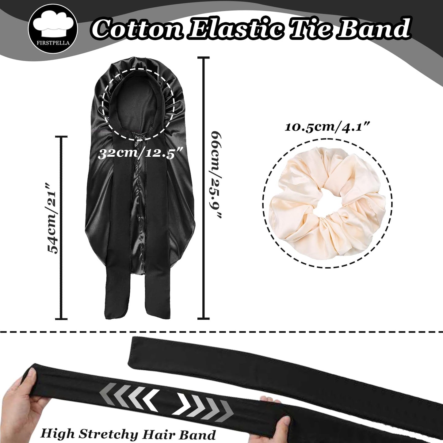 Extra long black satin sleeping cap showcasing thirty inch length