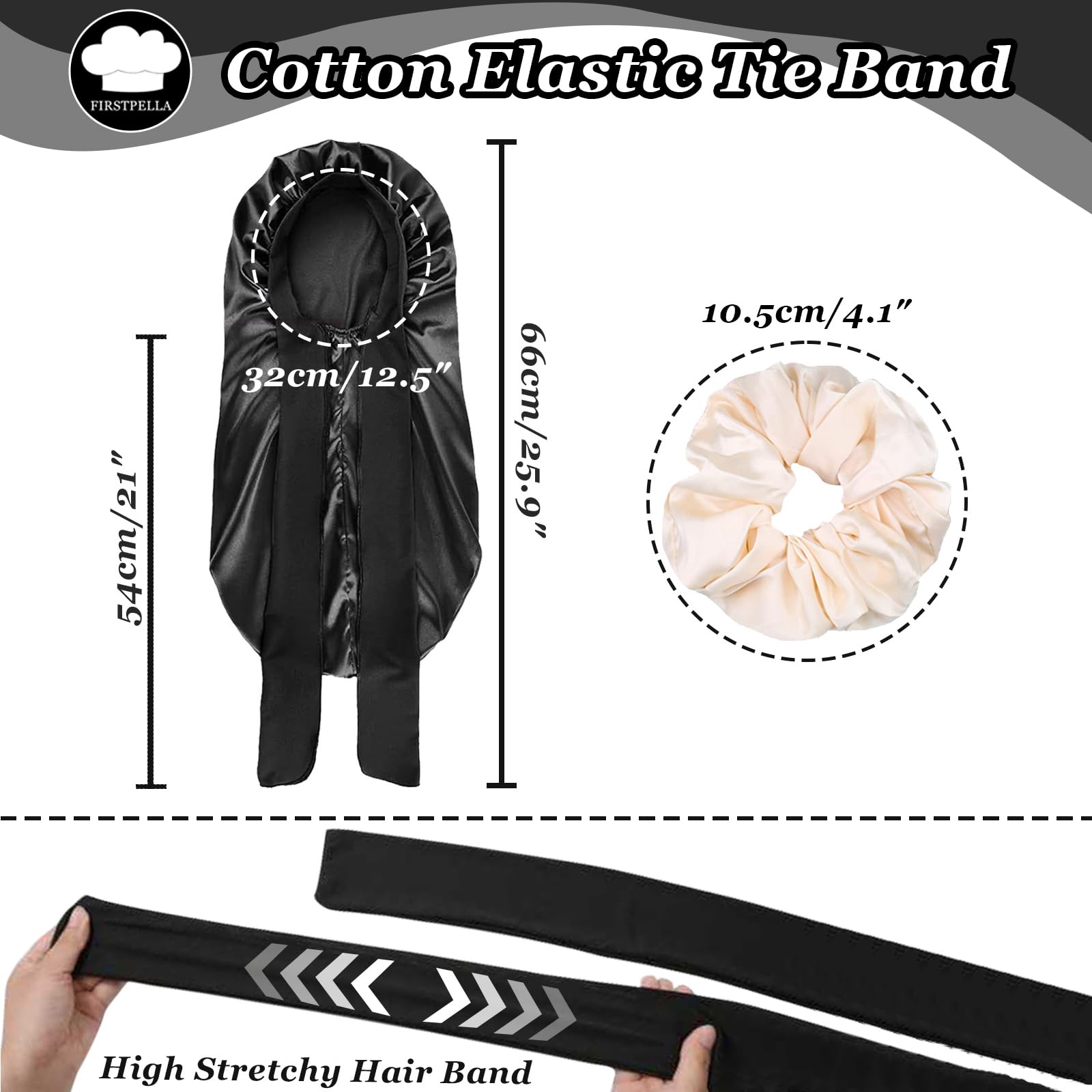 Extra long black satin sleeping cap showcasing thirty inch length